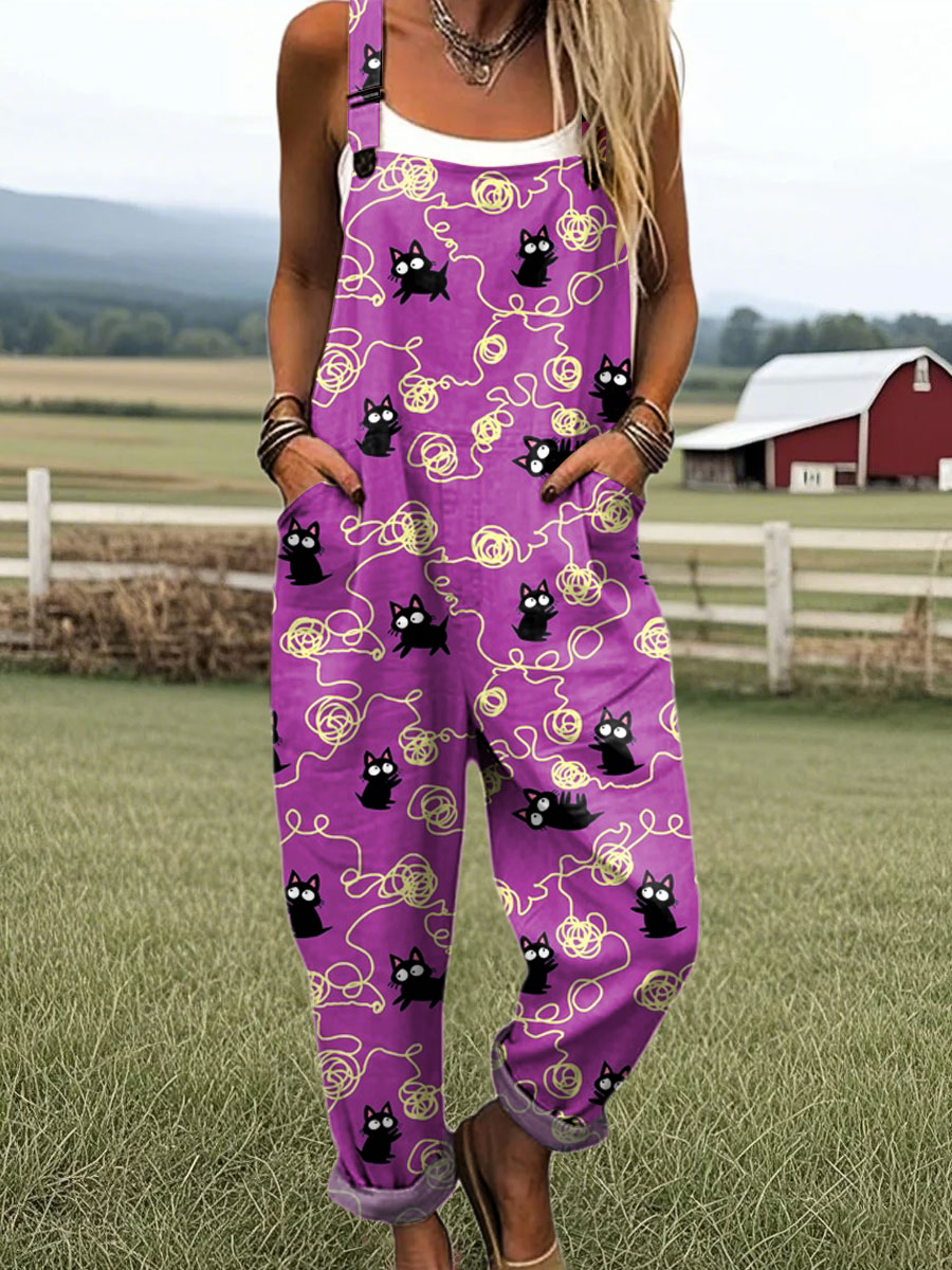 Women's Funny Bee Art Print Casual 100% Cotton Wide Leg Jumpsuit