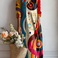 Women's Geometric Pattern Art Print Cotton And Linen Pocket Dress
