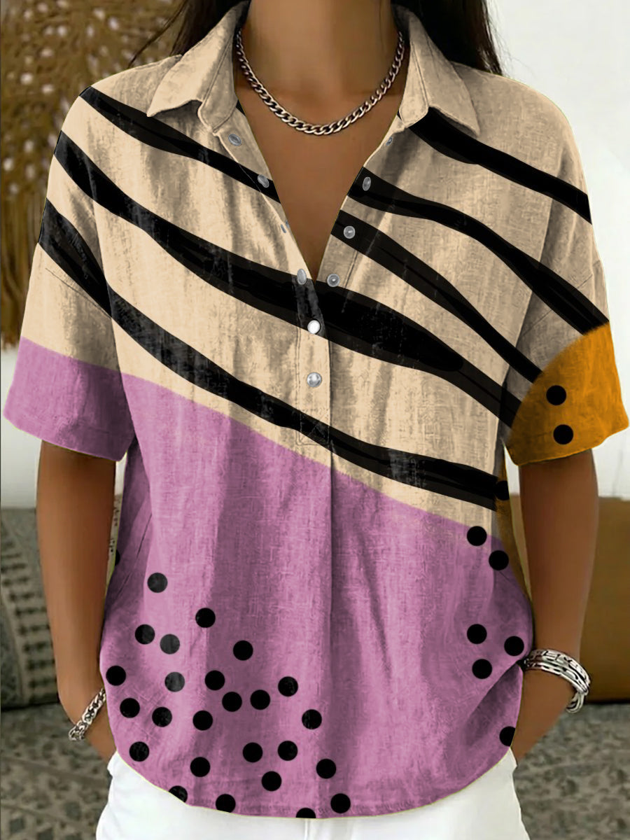 Women's Retro Color-Block Printed Cotton-Linen Short-Sleeve Shirt