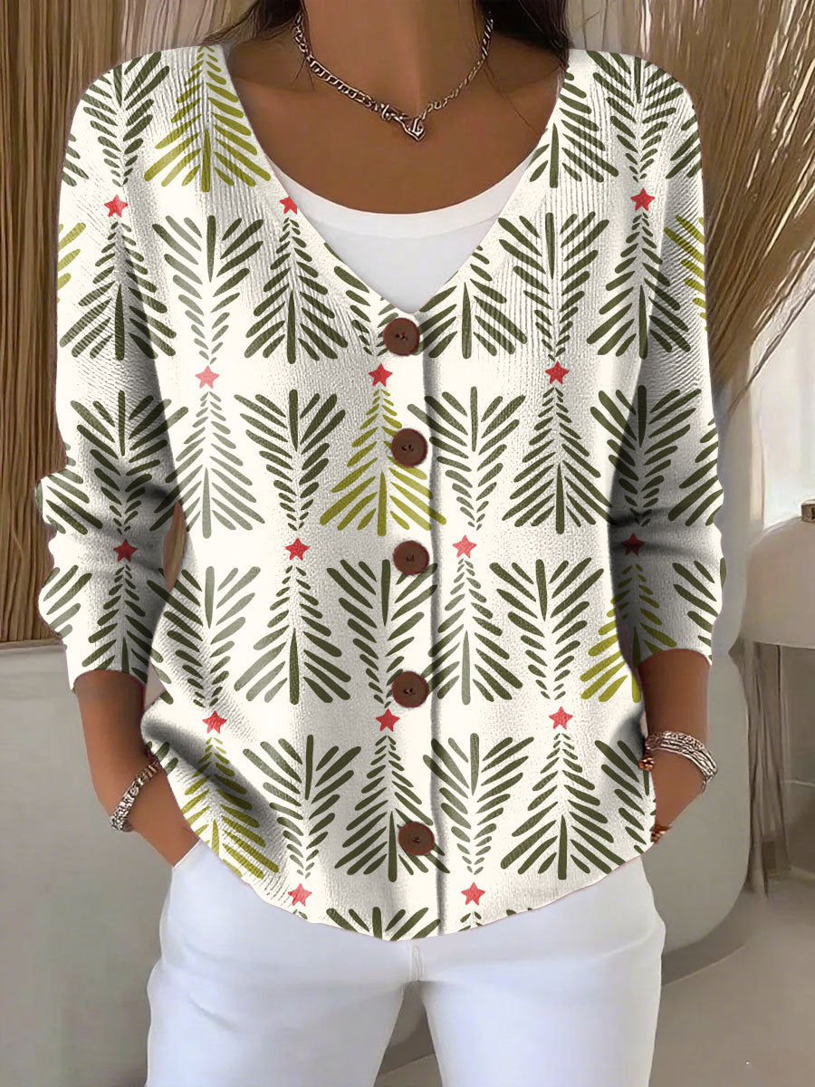 Christmas Tree Print Buttoned V-neck Cardigan Sweater