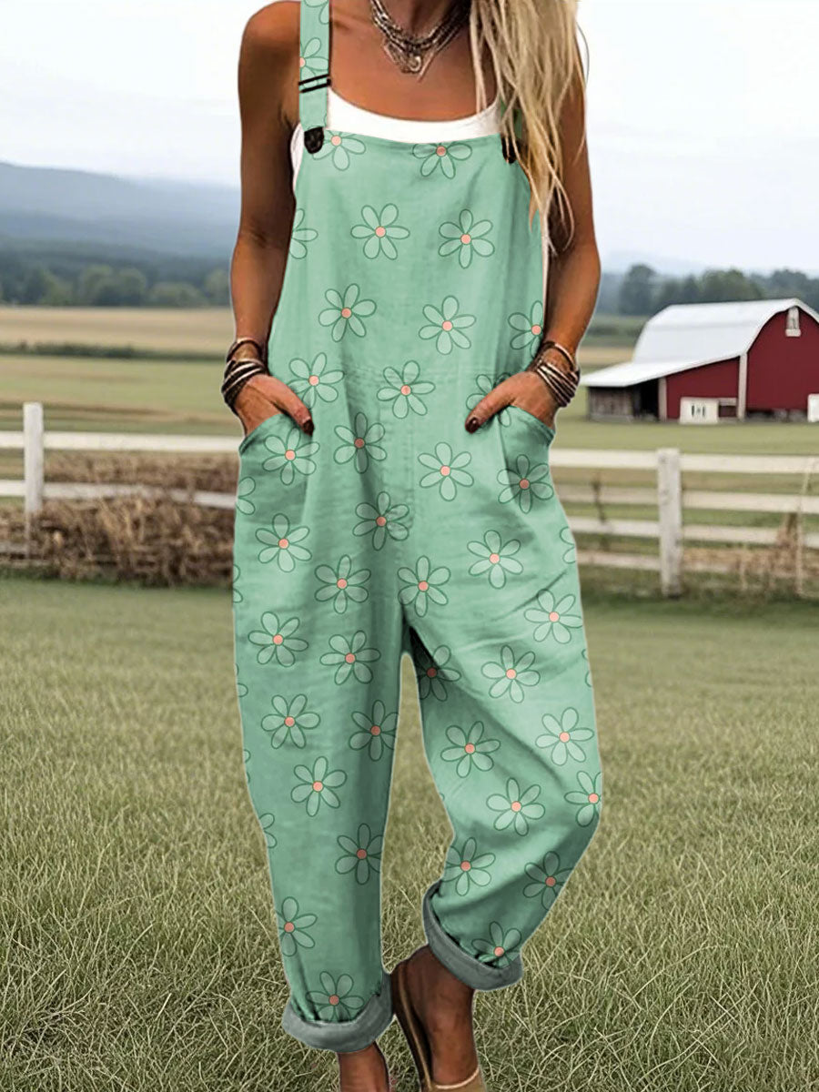 Women's Simple Floral Art Print Casual 100% Cotton Wide Leg Jumpsuit