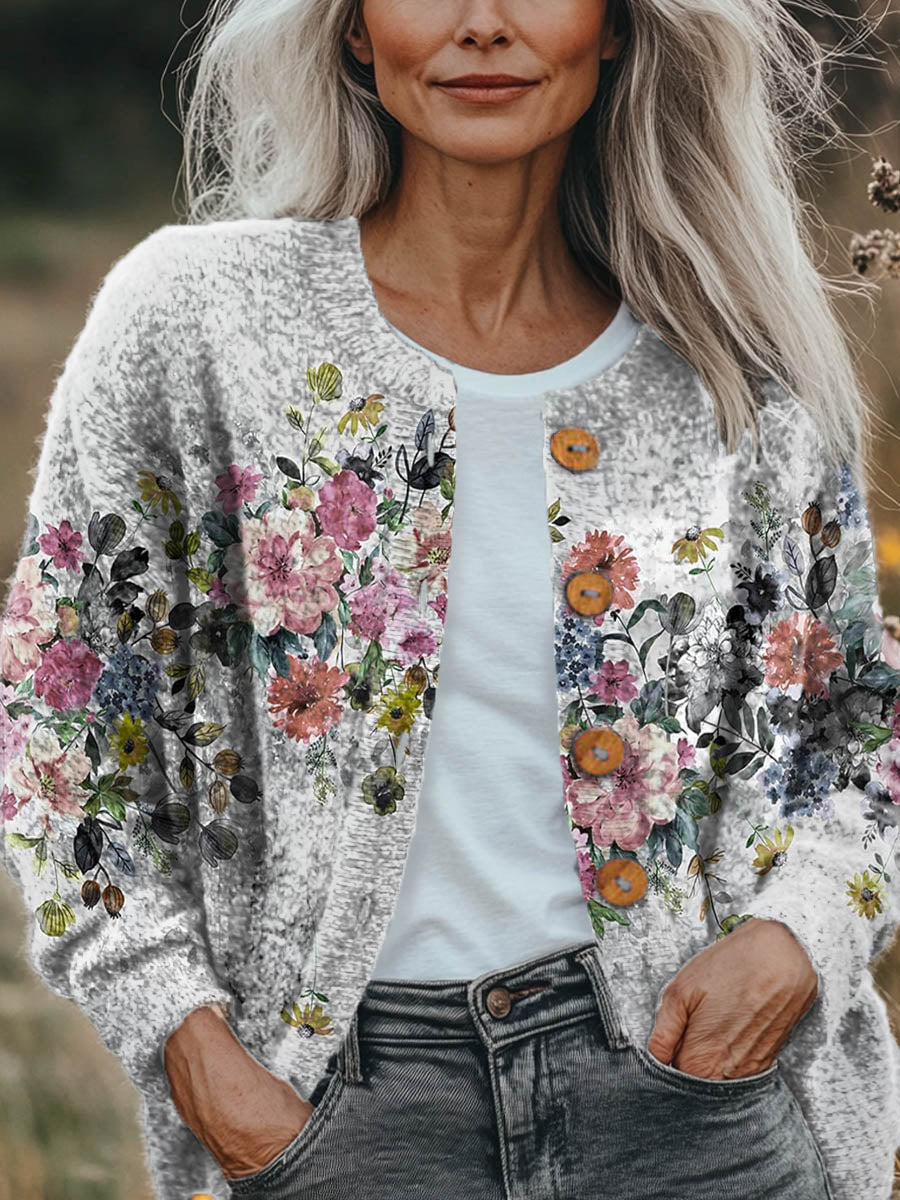 Women's Vintage Lovely Floral Art Print Buttoned Cardigan Sweater