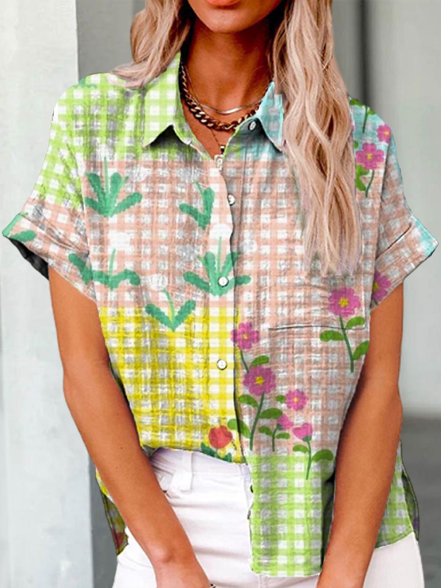Women's Floral Plaid Pattern Art Print Casual Cotton Shirt