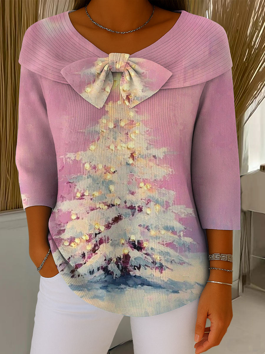 Vintage Christmas Tree Art Print Buttoned Cardigan Sweater