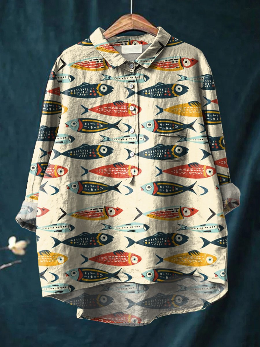 Women's Cute Cartoon Fish Print Casual Cotton And Linen Shirt