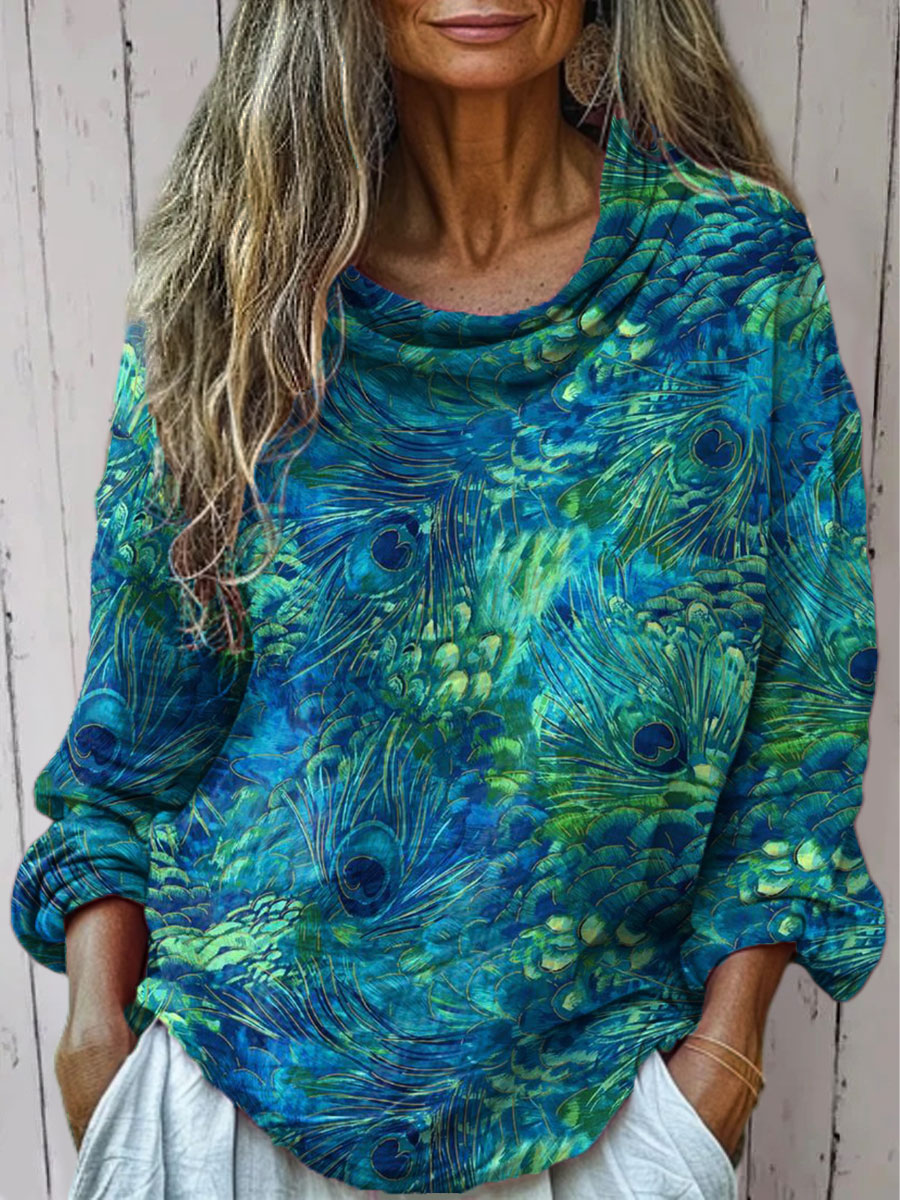 Women's  Vintage  Gorgeous Peacock Feathers  Art Print Casual Long Sleeve Comfortable Cotton Shirt