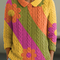 womens-colorful-floral-stripe-painting-art-print-casual-peter-pan-collar-3-4-sleeve-sweater