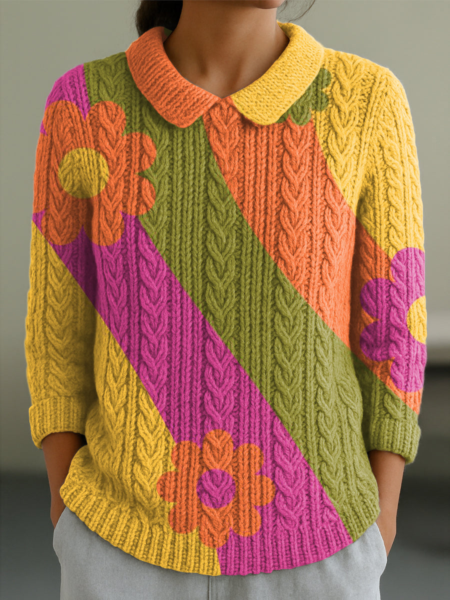 womens-colorful-floral-stripe-painting-art-print-casual-peter-pan-collar-3-4-sleeve-sweater