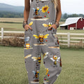 Women's  Funny Bee Art Print Casual 100% Cotton Wide Leg Jumpsuit