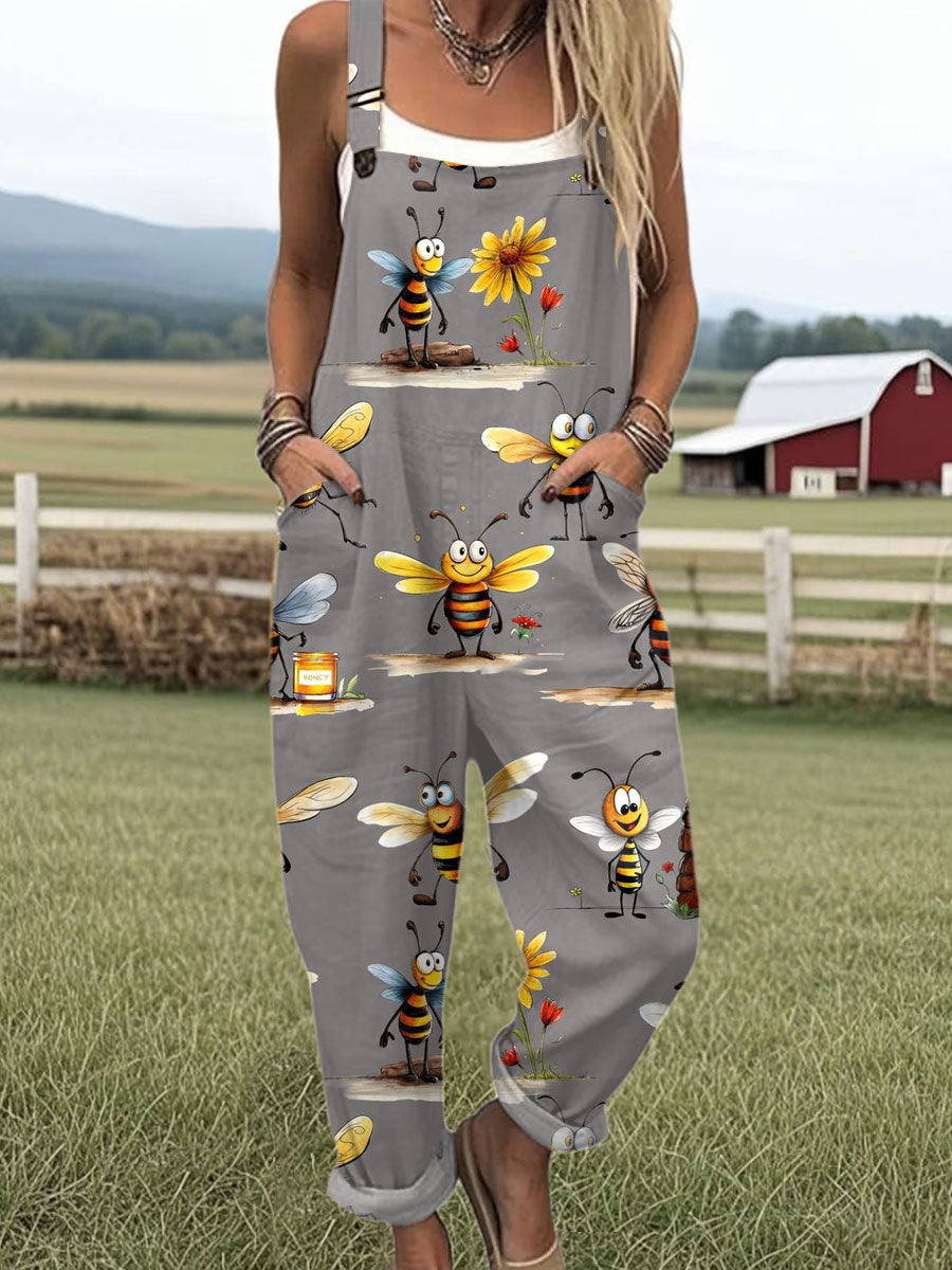 Women's  Funny Bee Art Print Casual 100% Cotton Wide Leg Jumpsuit
