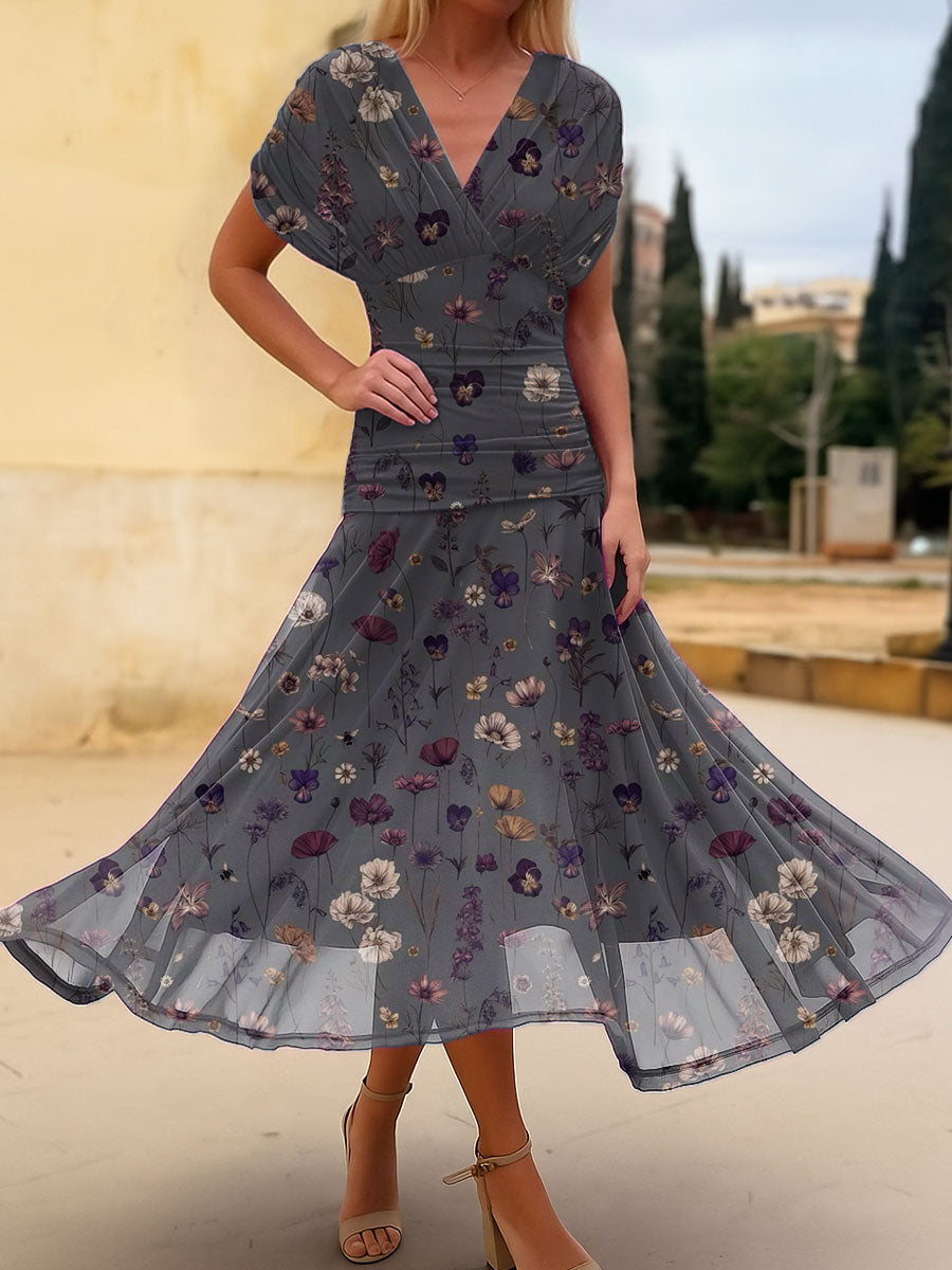 Women's Vintage Flower Art Print Flowy Casual Dress