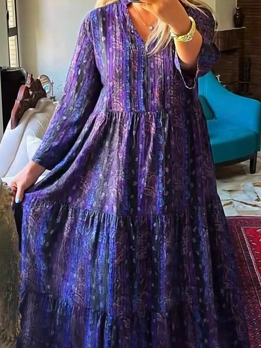 Pleated Floral Print Cotton and Linen Dress