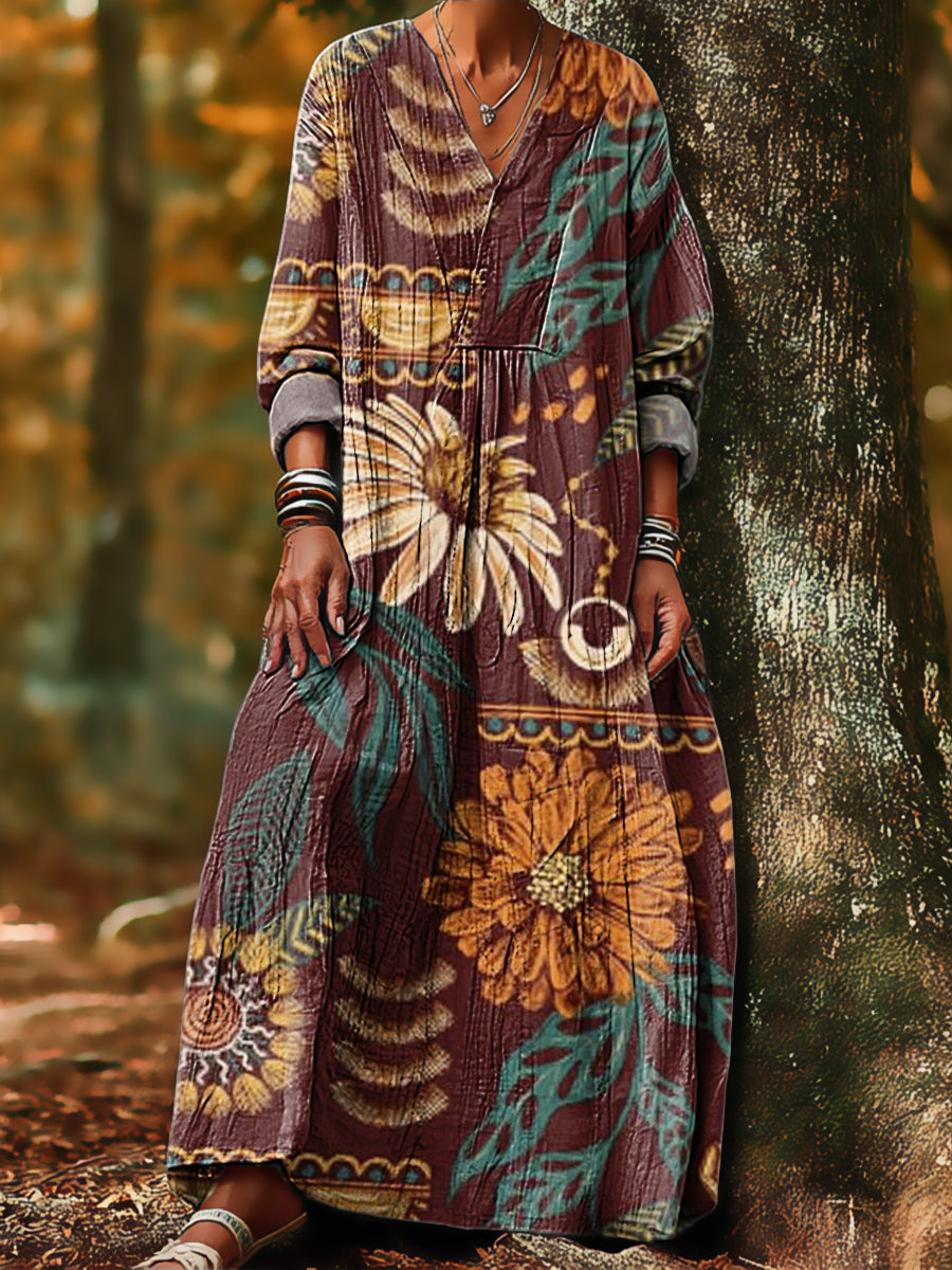 Women's Vintage Beautiful Large Flower Painting Art Print Dress