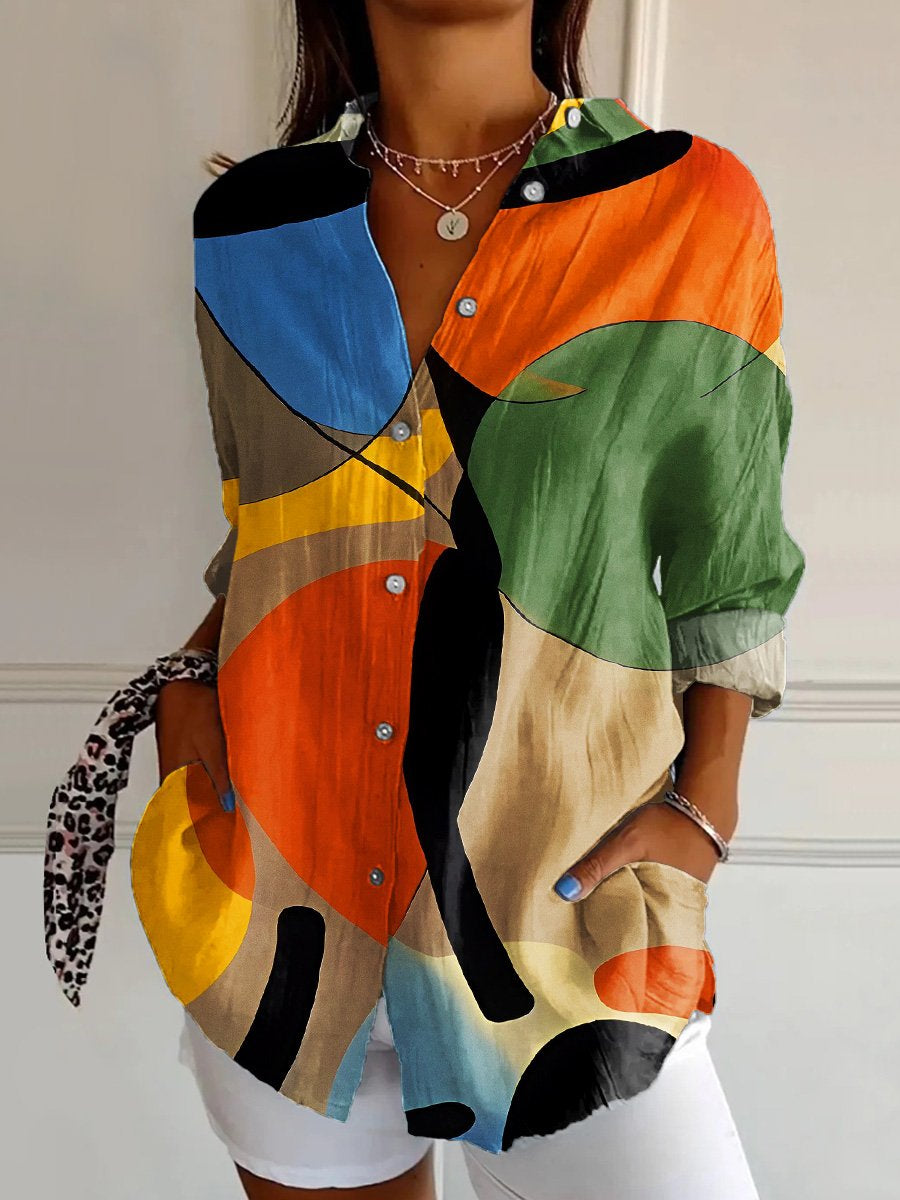 Women's  Minimalism Abstract Geometry Retro  Art  Print Casual Cotton Shirt