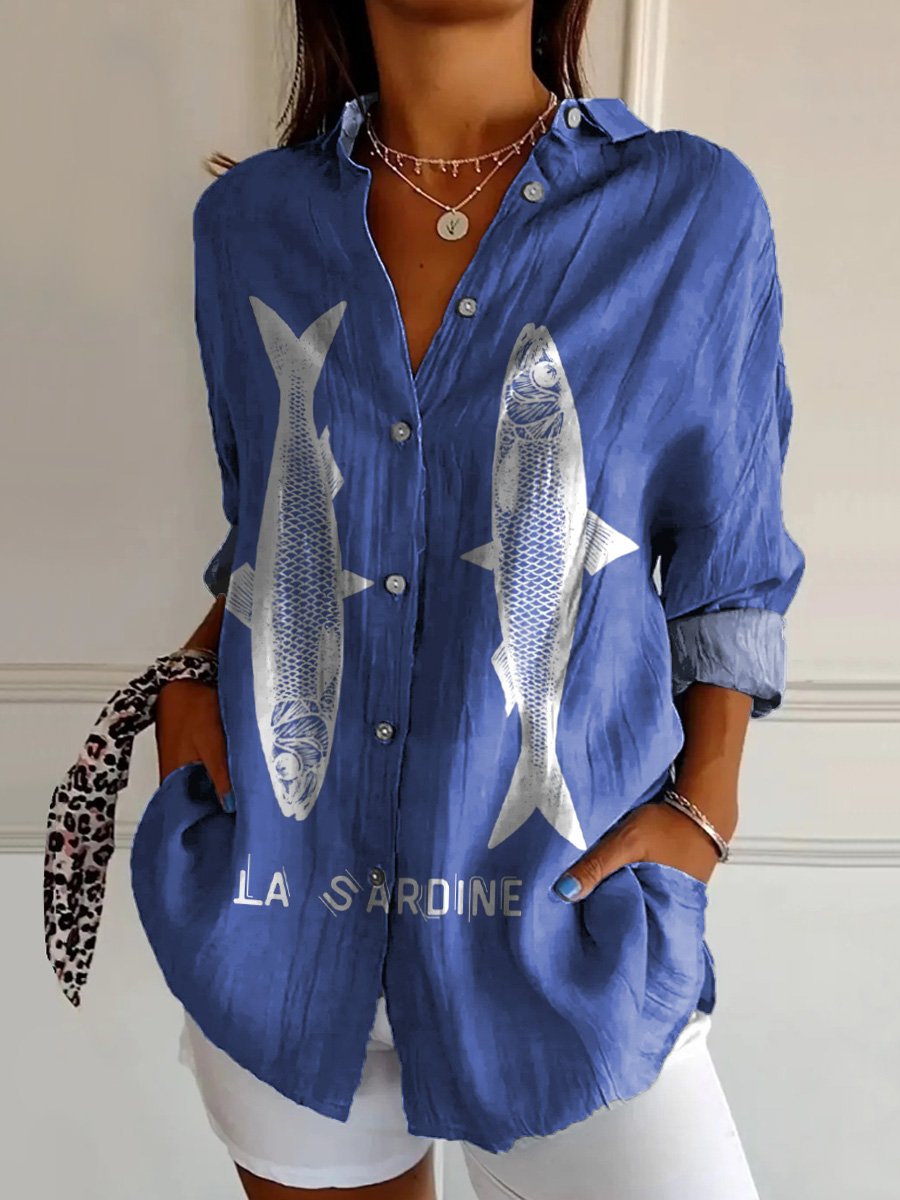 Sardine Fish Graphic Printed Women's Casual Cotton Shirt