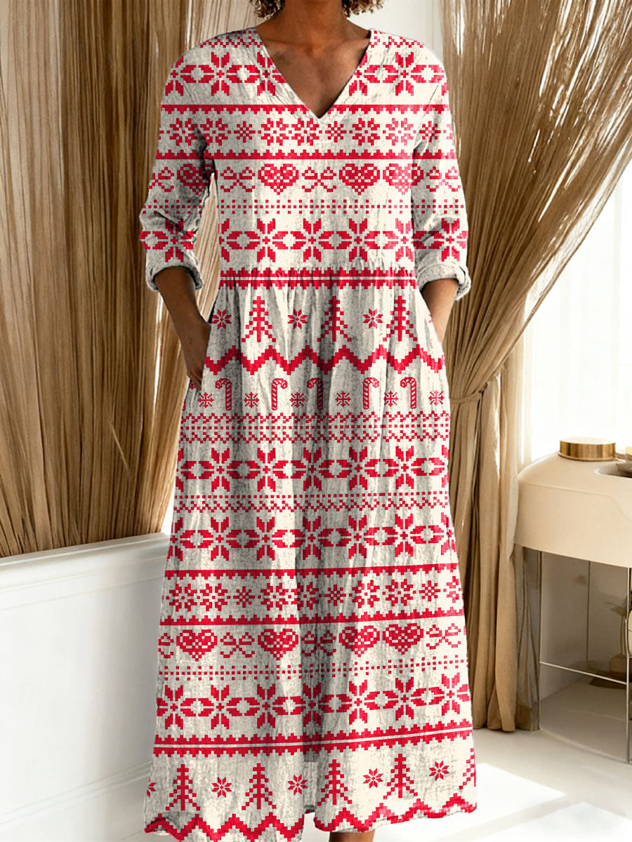 Women's Christmas Pattern Art Print Casual Cotton Linen Pocket Dress