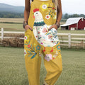 Women's  Vintage Flower Chick Art Print Casual 100% Cotton Wide Leg Jumpsuit