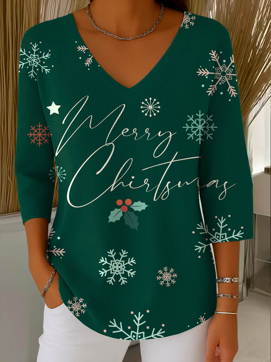 Women's Christmas Print V-Neck Three-Quarter Sleeve Casual Sweater