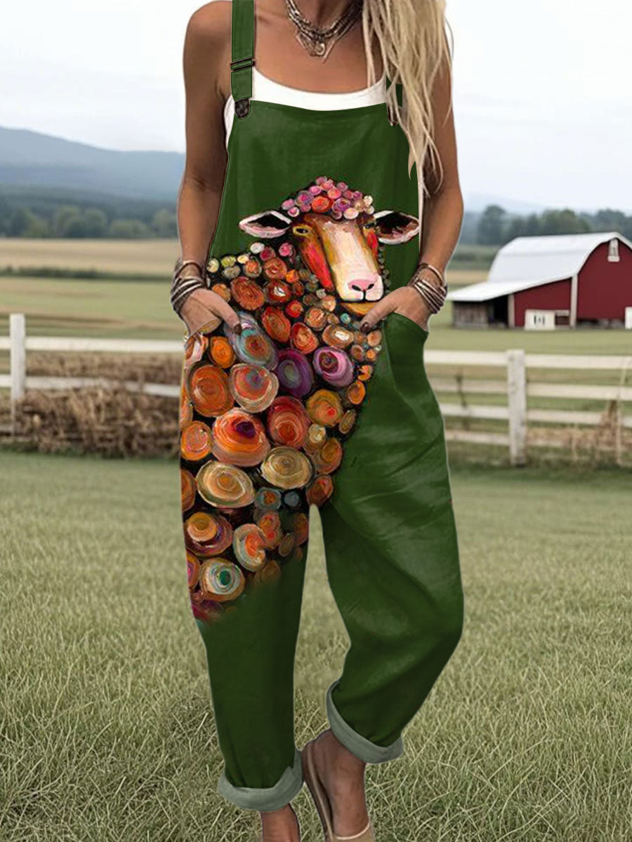 Women's  Funny Sheep Art Print Casual 100% Cotton Wide Leg Jumpsuit