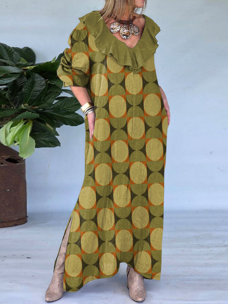 Women's Ruffled V-neck Geometric Print Long Sleeve Casual Cotton and Linen Dress