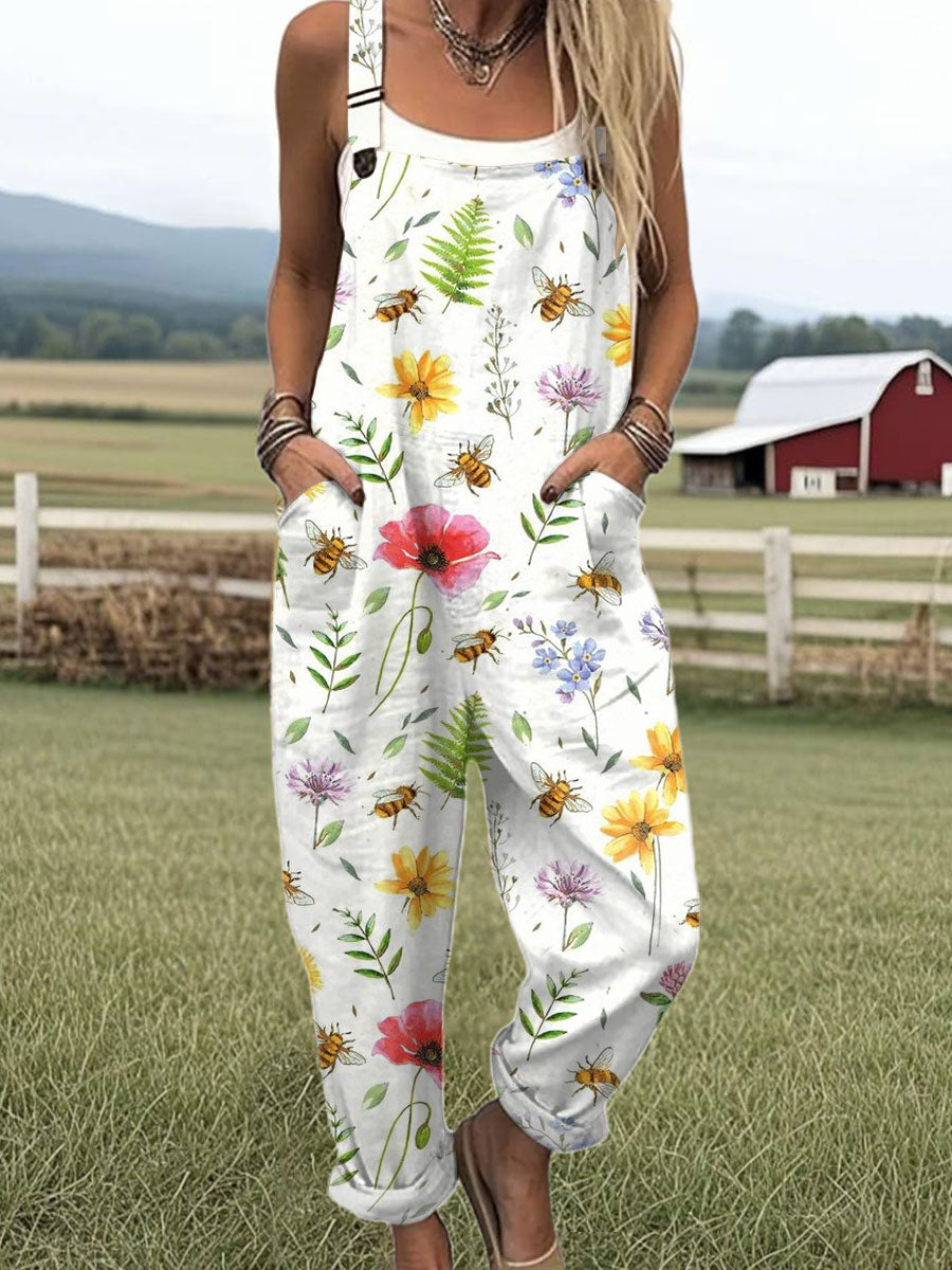 Women's  Bee  Floral  Art Print Casual 100% Cotton Wide Leg Jumpsuit