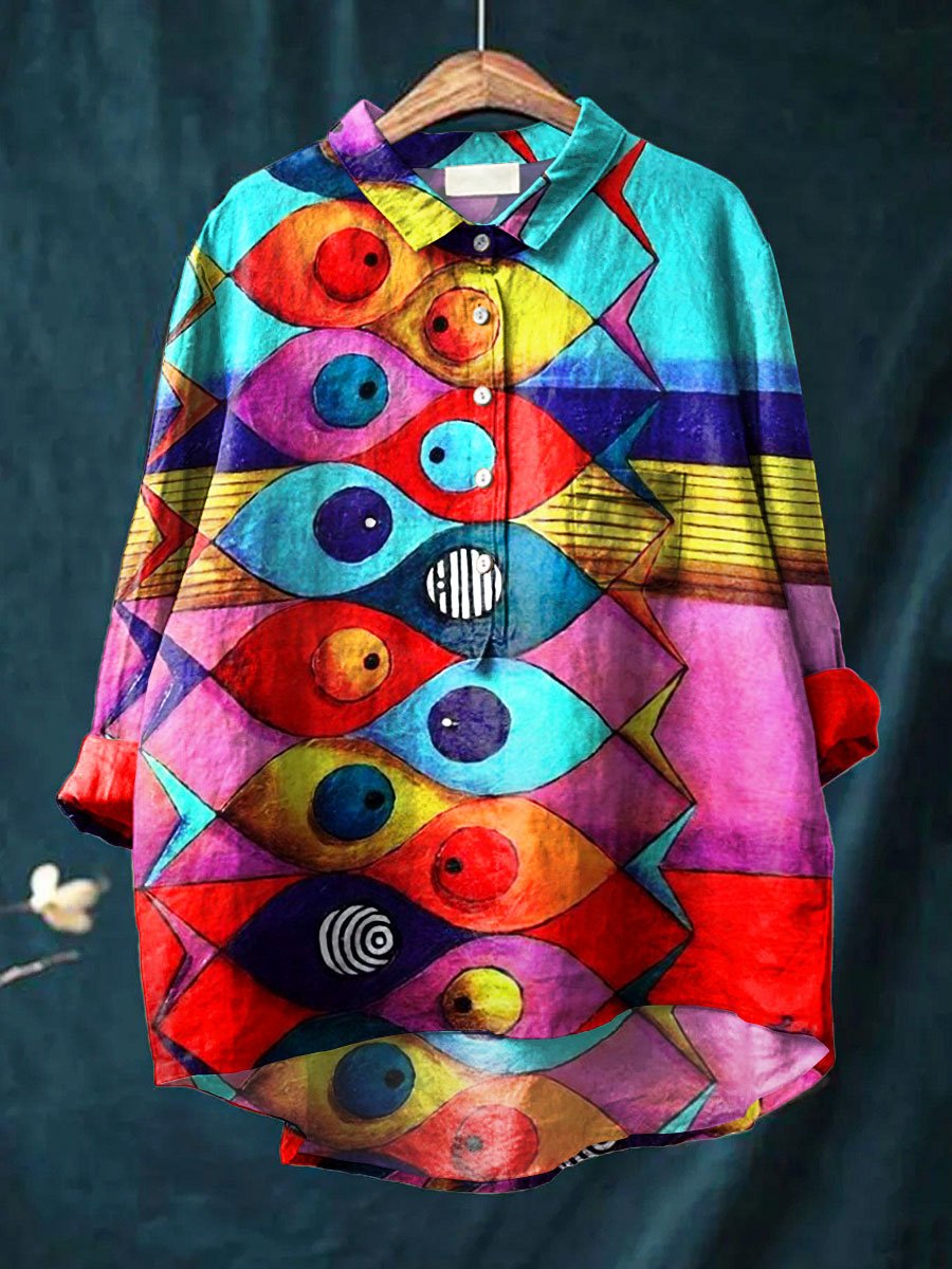 Women's Vintage Abstract Fish Art Print Casual Cotton And Linen Shirt