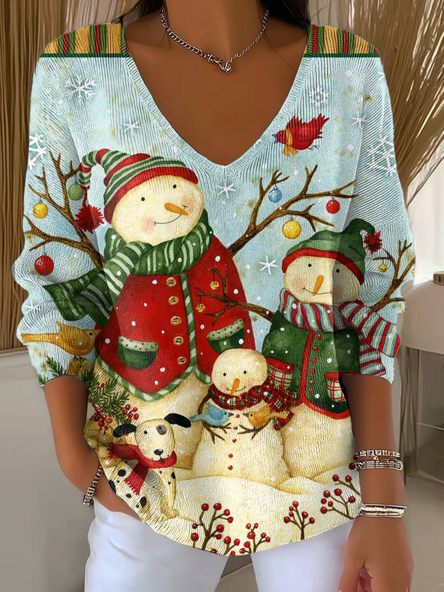 Women's Beautiful Colorful Winter Snowman Illustration Art Print Casual Pullover Sweater