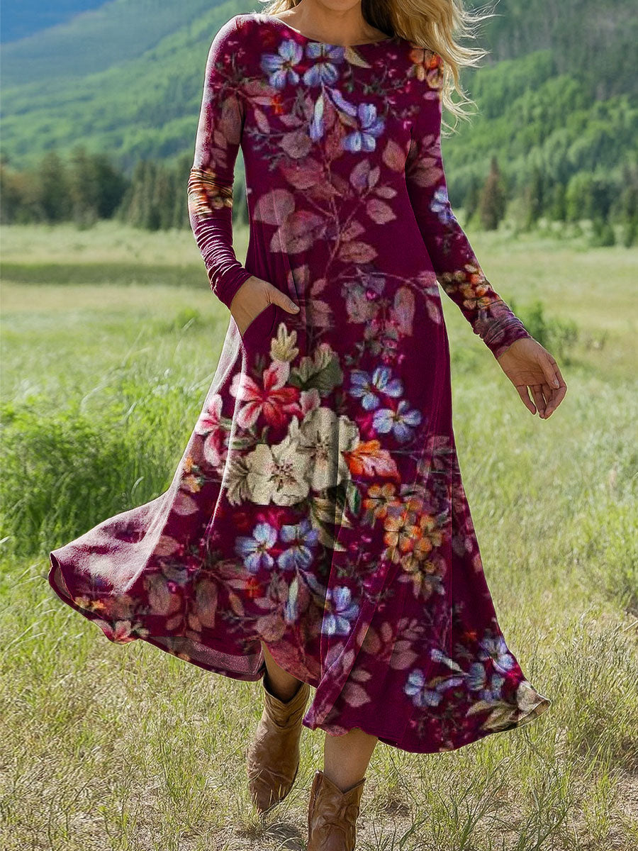 Women's Flowers Floral Art Print Long-sleeved Dress
