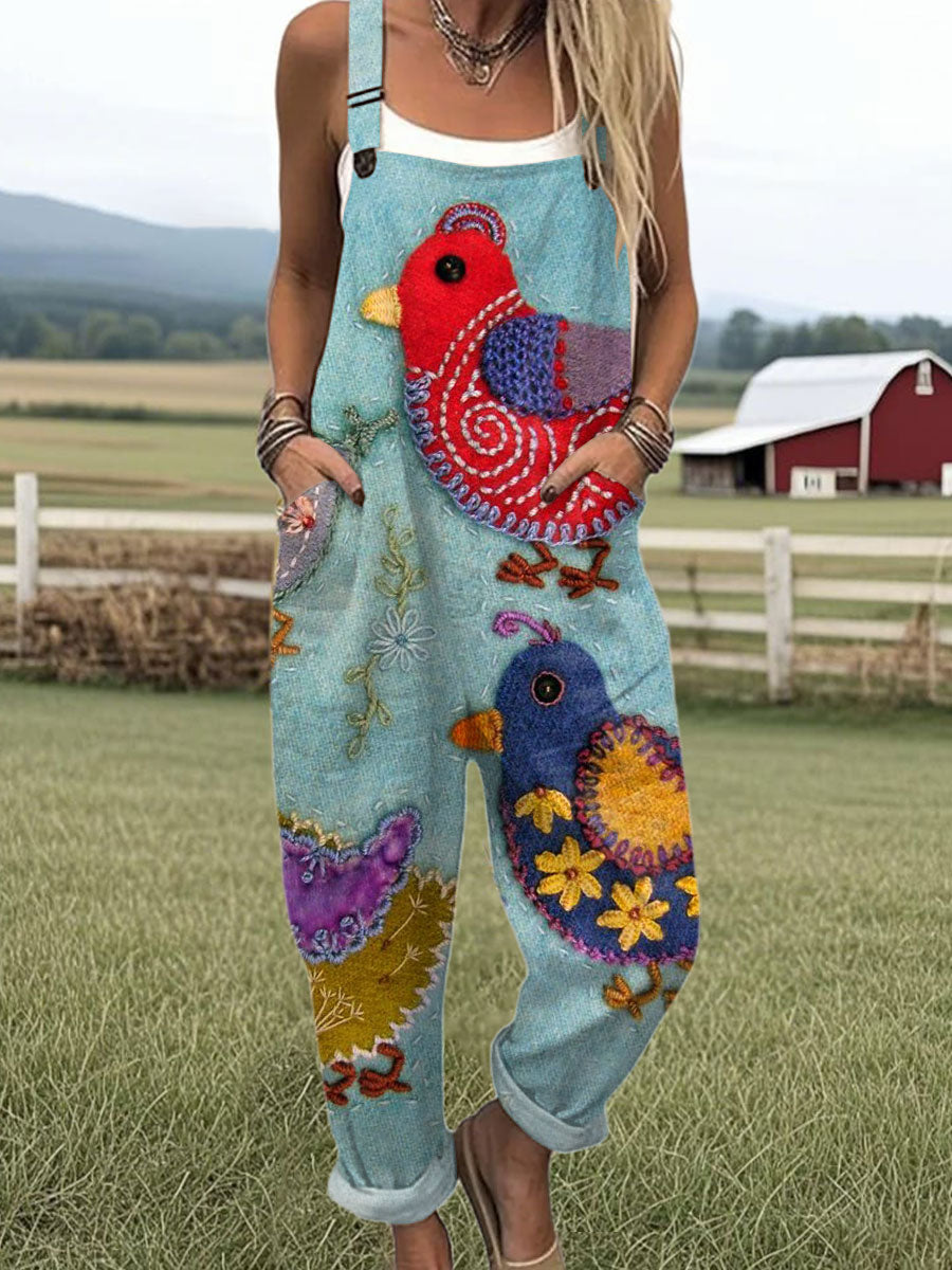 Women's Funny Chick Art Print Casual 100% Cotton Wide Leg Jumpsuit