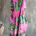 Women's Pink Leaves Art Pattern Print Pocket V-neck Cotton Dress