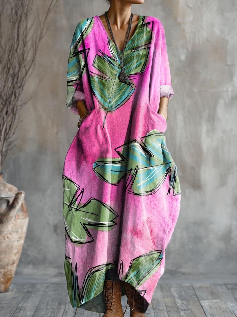 Women's Pink Leaves Art Pattern Print Pocket V-neck Cotton Dress