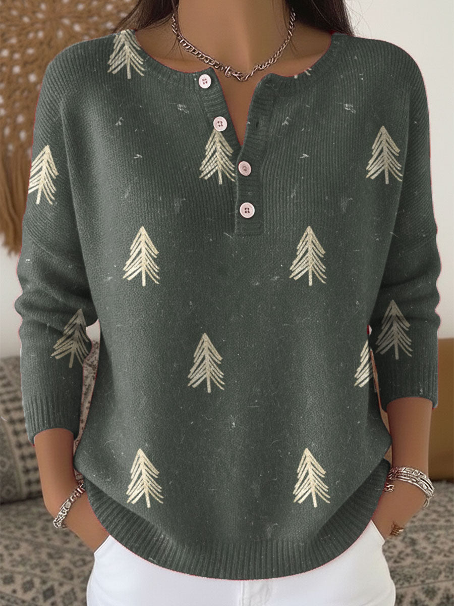 Vintage Christmas Tree Art Print Buttoned Cardigan Sweater
