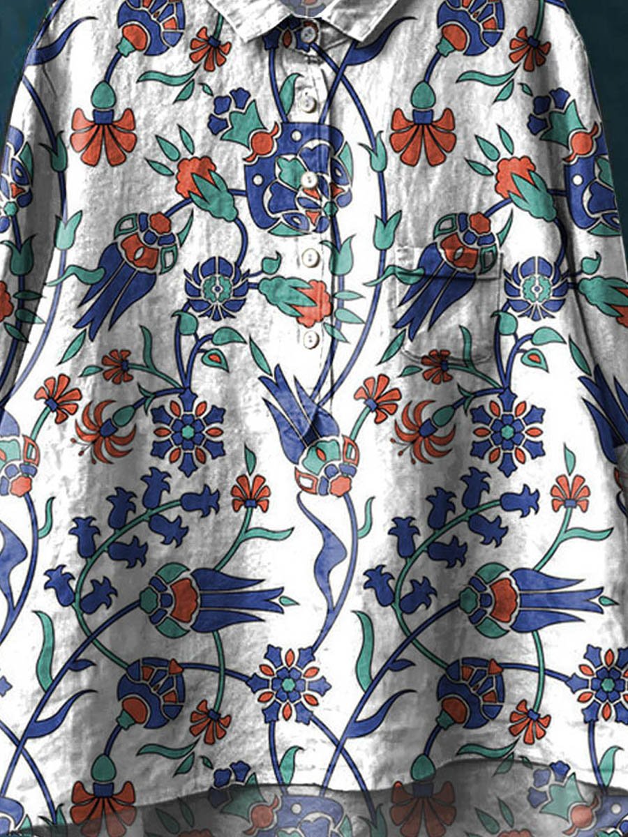 Women's Vintage Floral Art Print Casual Cotton And Linen Shirt