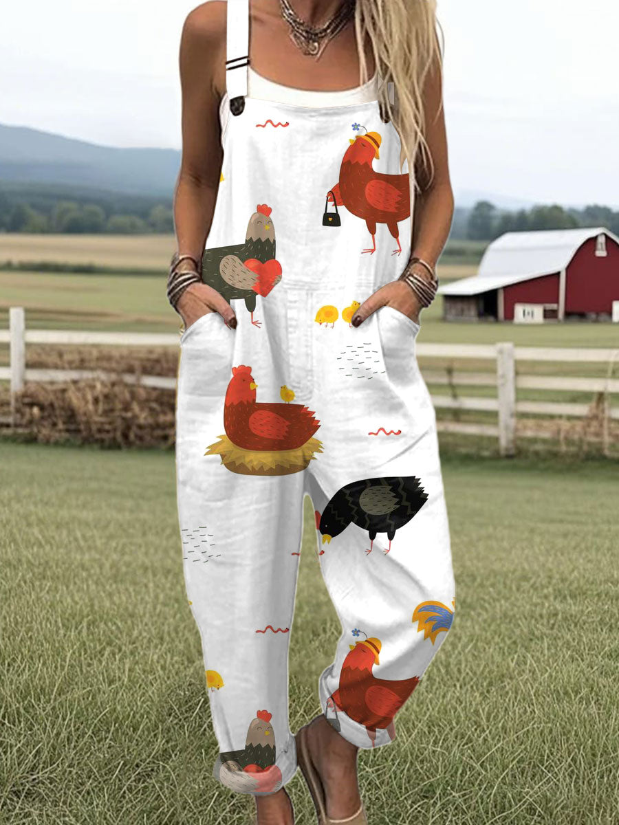 Women's Funny Chick Art  Print Casual 100% Cotton Wide Leg Jumpsuit