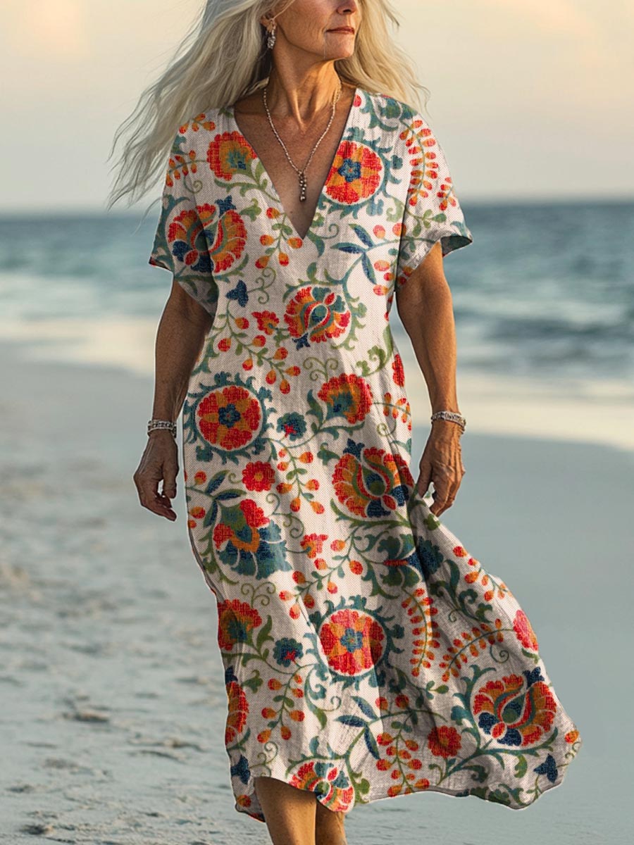 Women's Vintage Lovely Floral Art Print Cotton Dress