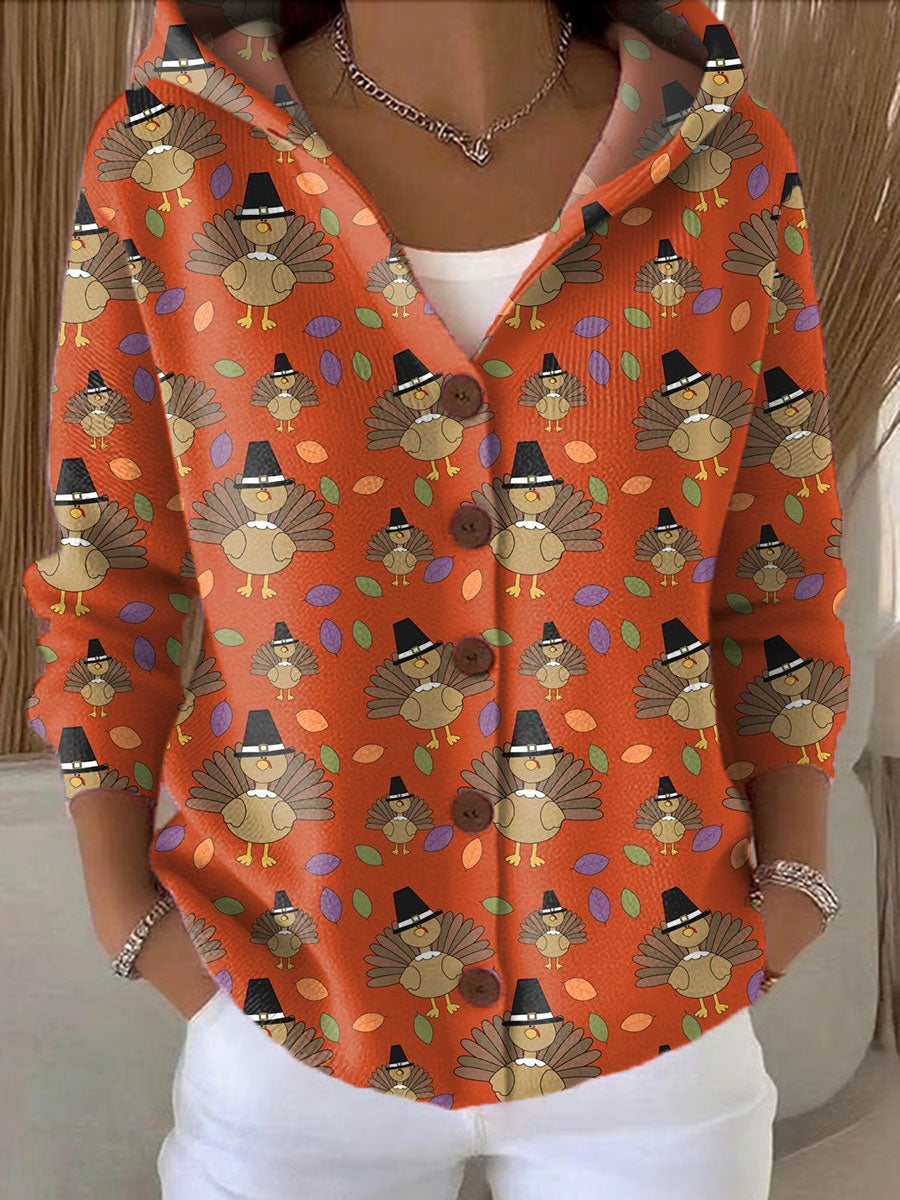 Women's Thanksgiving Retro Turkey Art Printed Casual Hooded Button Sweater