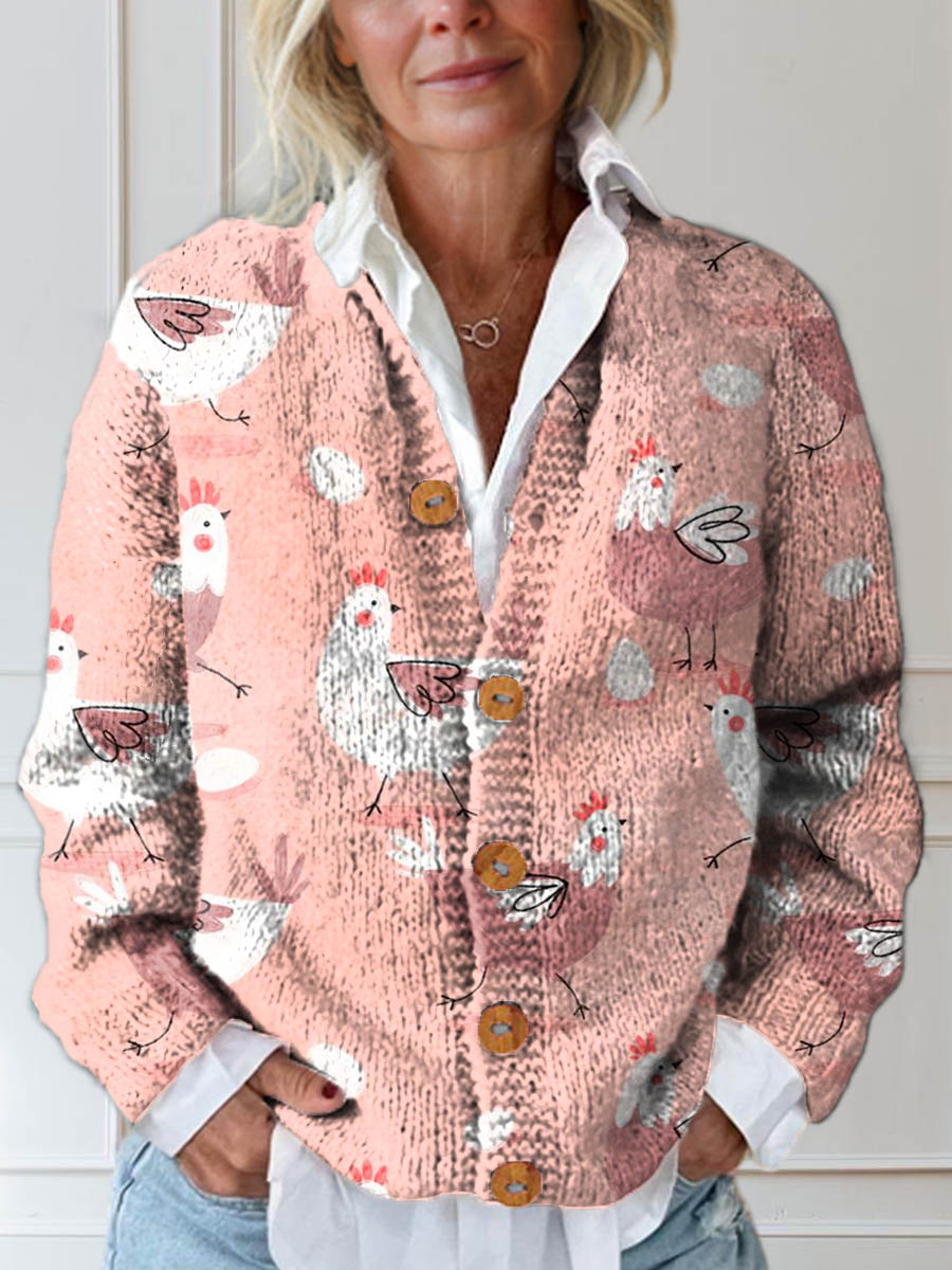 Women's Lovely Chicken Pattern Art Print Buttoned Cardigan Sweater