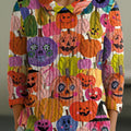 Women's Casual Peter Pan Collar Halloween Colorful Pumpkins Pattern 3/4 Sleeve Sweater