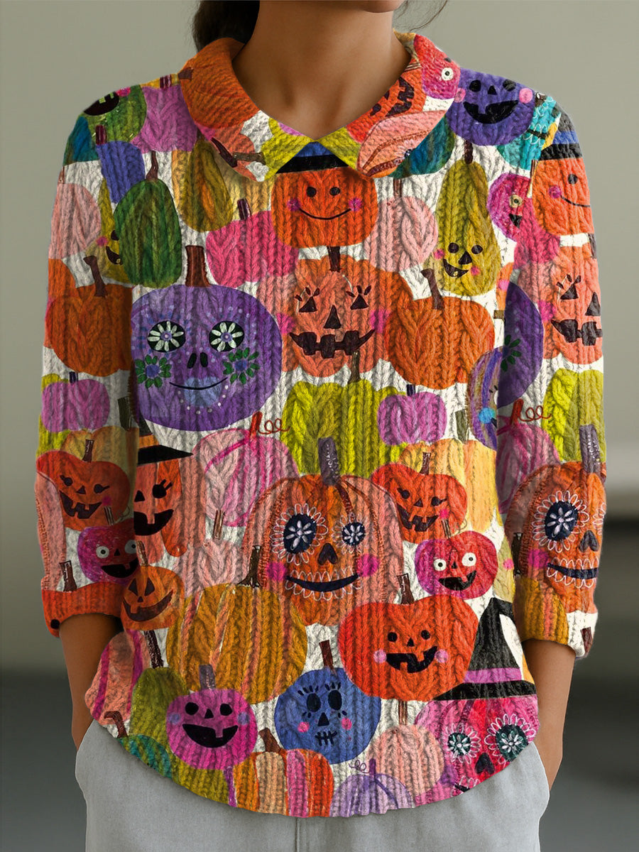 Women's Casual Peter Pan Collar Halloween Colorful Pumpkins Pattern 3/4 Sleeve Sweater