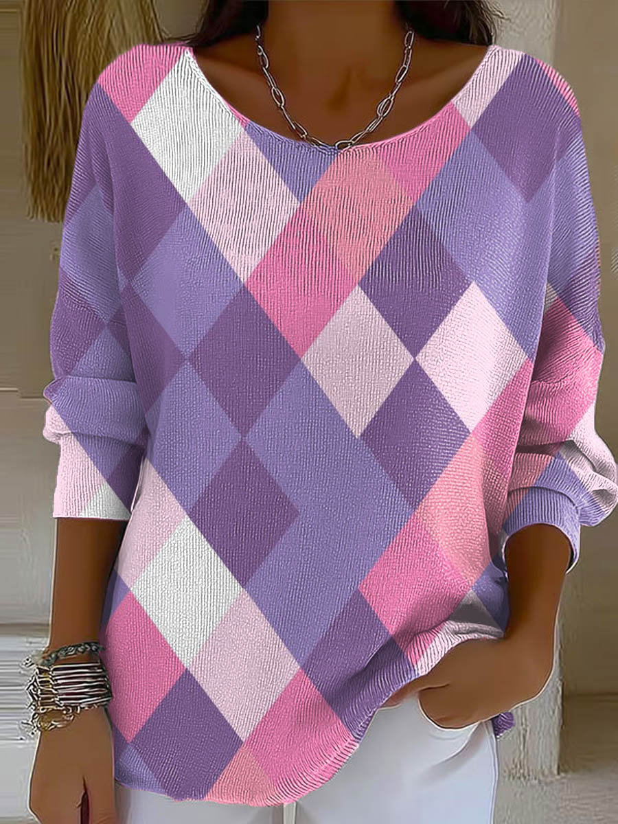 womens-plaid-pattern-art-print-casual-pullover-sweater-nmvk