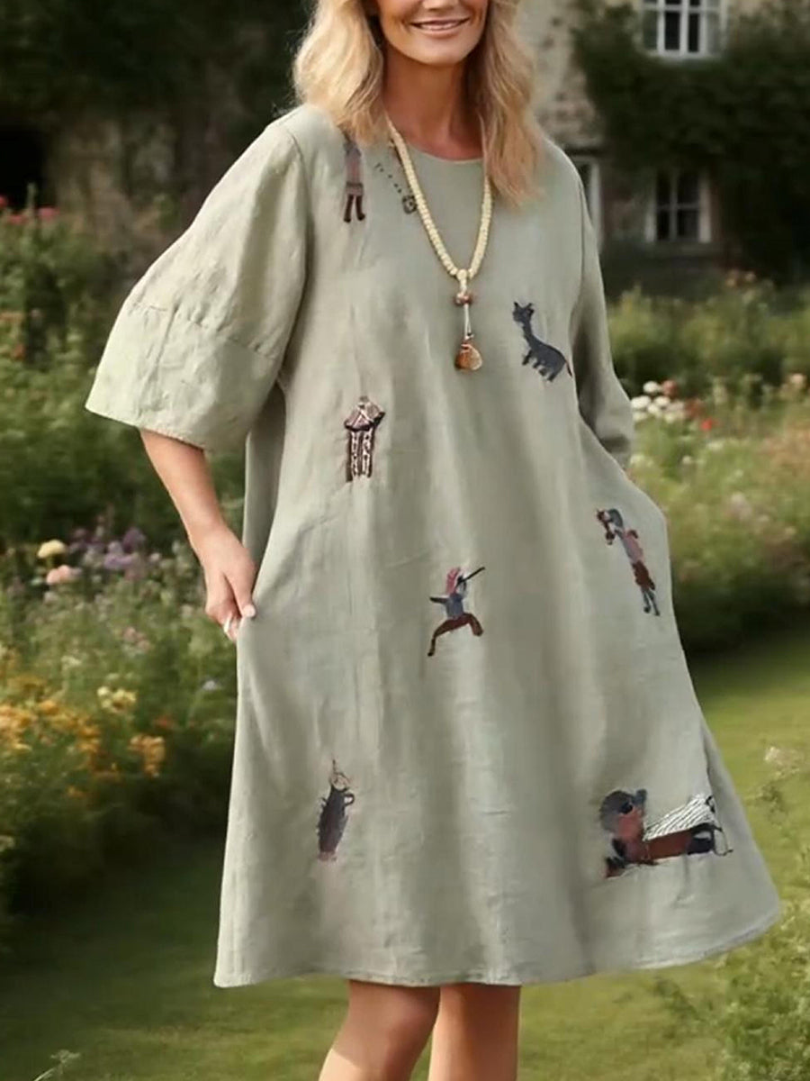 Women's Animal Embroidered Loose Linen Dress