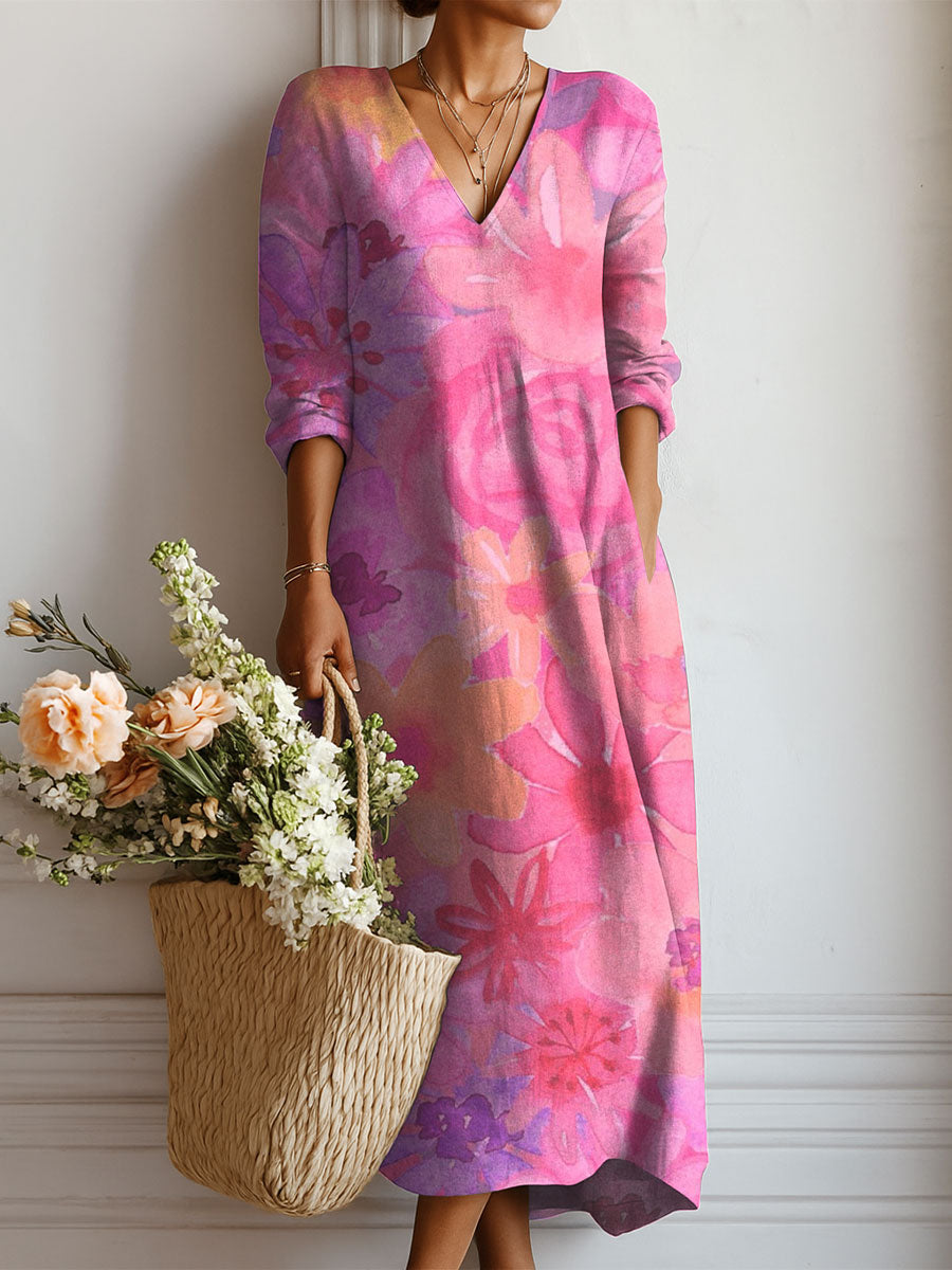 Women's Vintage Flowers Pattern Art Print Linen Pocket Dress