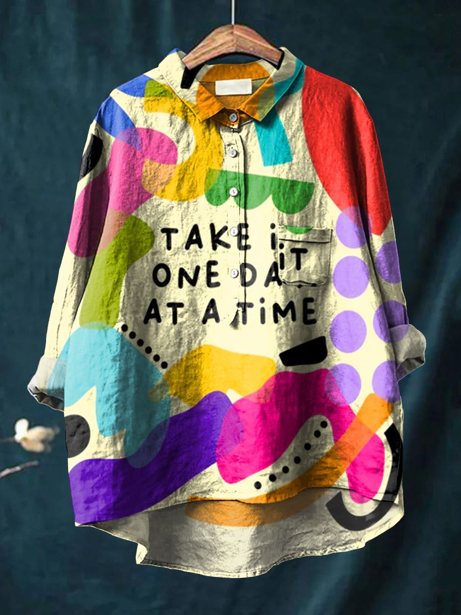 Abstrct Art Printed Women's Casual Cotton And Linen Shirt