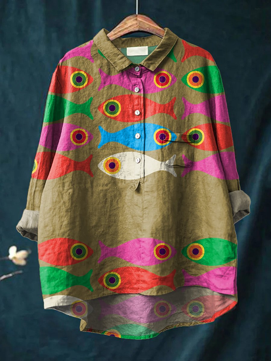 Women's Cute Colorful Bigeye Fish Print Casual Cotton And Linen Shirt