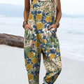 Women's Vintage Flower Art Print Casual 100% Cotton Wide Leg Jumpsuit
