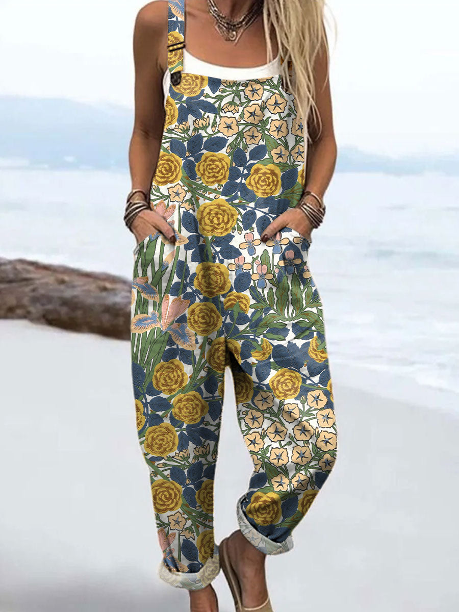 Women's Vintage Flower Art Print Casual 100% Cotton Wide Leg Jumpsuit
