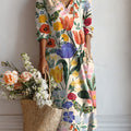Women's Vintage Flower Art Print Linen Pocket Dress