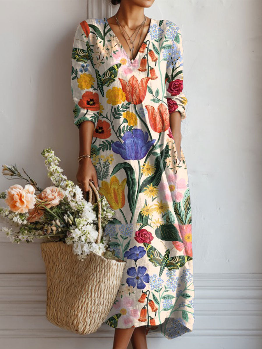 Women's Vintage Flower Art Print Linen Pocket Dress