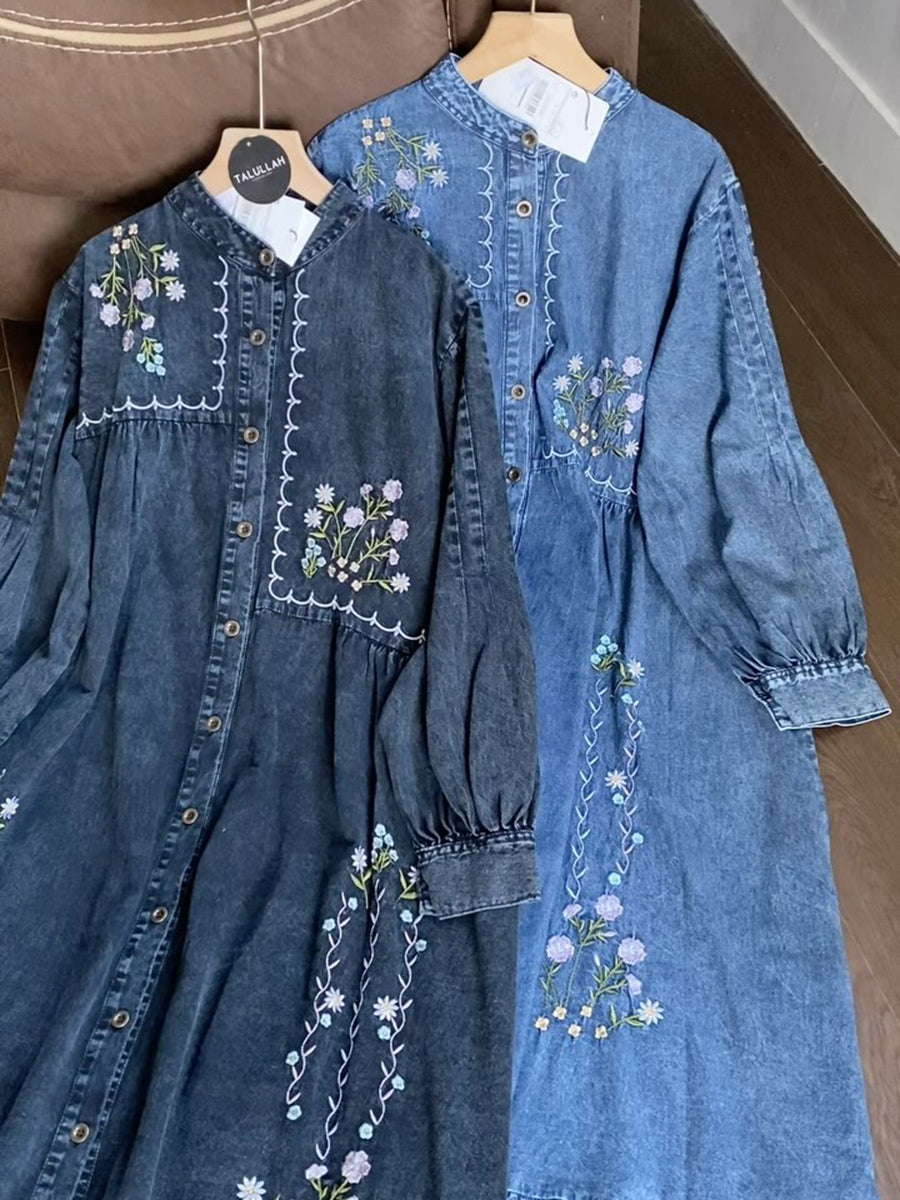 Floral Embroidery Denim Long-Sleeve Loose Dress