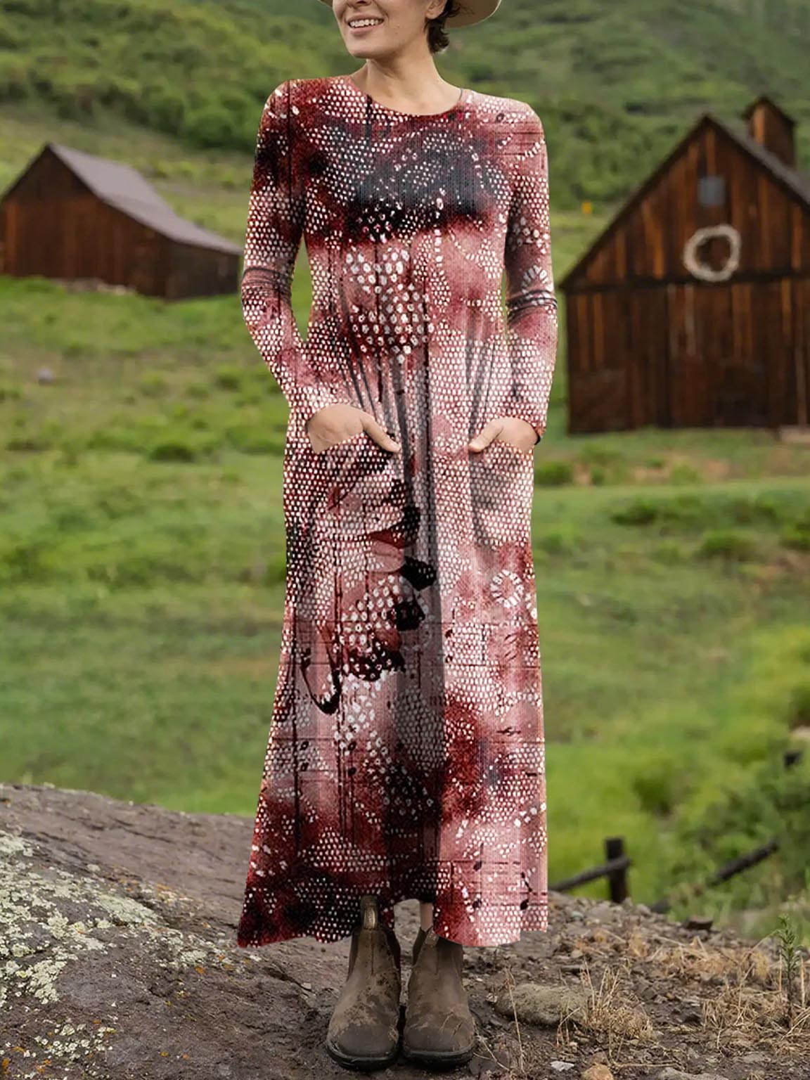 Women's Retro Floral Art Print Long-sleeved Dress